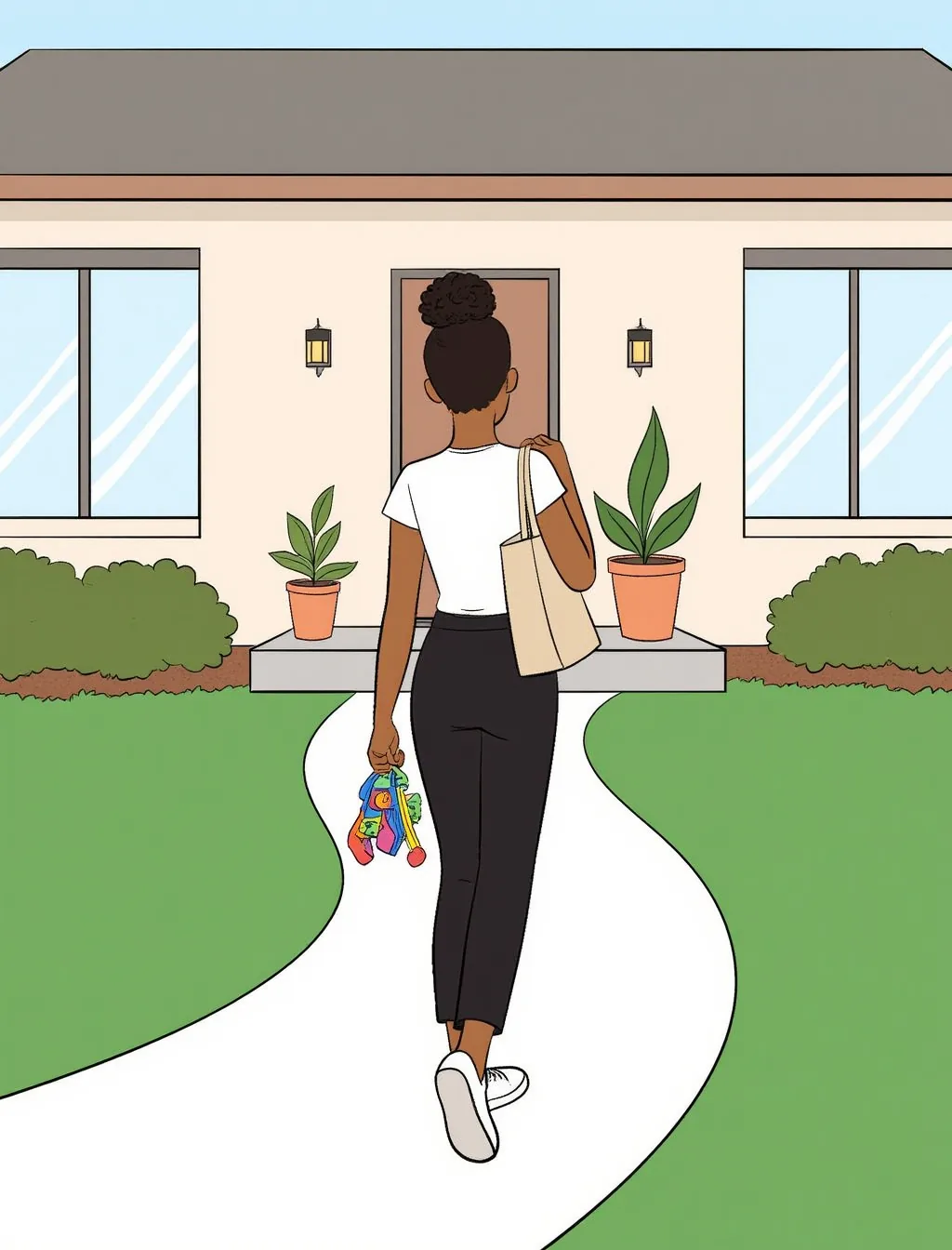A behavior technician walking up to a family's front door, keys in hand, ready for her first session